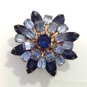 Coro Brooch Blue Stones on Gold Metal Snowflake Sunburst Starburst